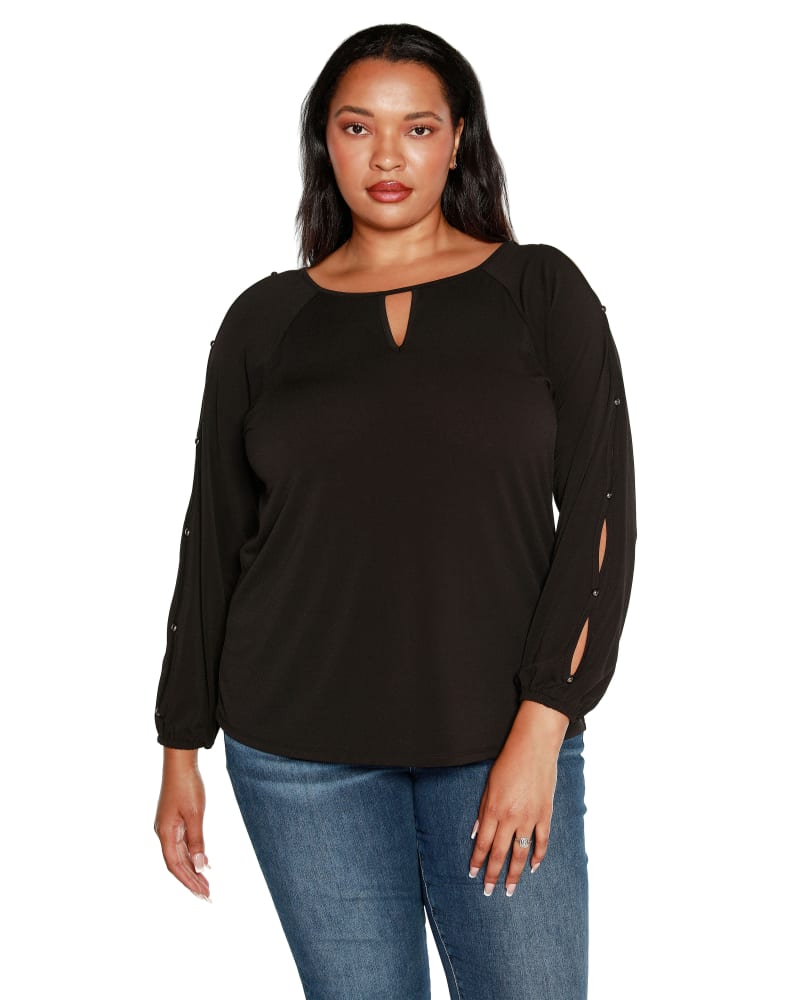 Front of a model wearing a size 3X Cutout-Sleeve Top in Black by Belldini Black Label. | dia_product_style_image_id:304789